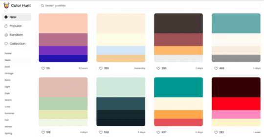 Color Hunt のホームページにあるパレットのインスピレーションのスクリーンショット