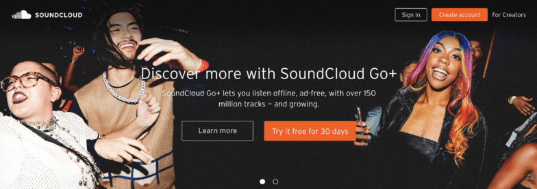 SoundCloud 主頁的屏幕截圖。他們在左下角的標誌是雲形的,它的左半部分由幾條垂直的細線組成,就像你在音頻文件中看到的那樣