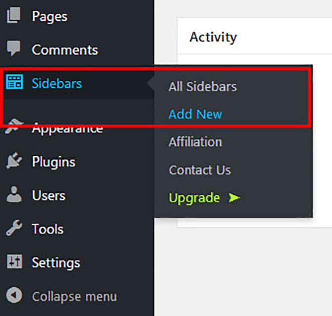 opción de complemento de barras laterales de wordpress agregar nueva barra lateral