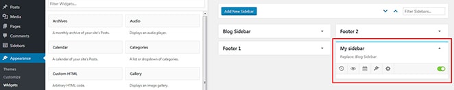 en los widgets de apariencia, edite las opciones de mi barra lateral para obtener una barra lateral de wordpress diferente para publicaciones y páginas