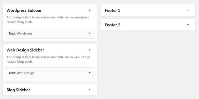 panel de wordpress widgets de wordpress y selector de contenido y barra lateral diferente con múltiples pies de página