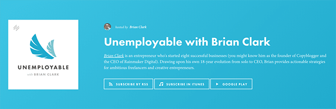 diseño de flywheel mejores podcasts para autónomos logotipo desempleable con Brian Clark sobre fondo azul
