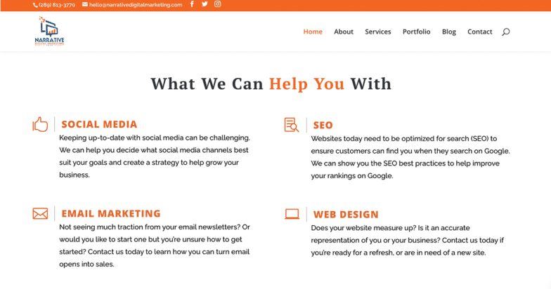 Screenshot dal sito web di Narrative Digital Marketing