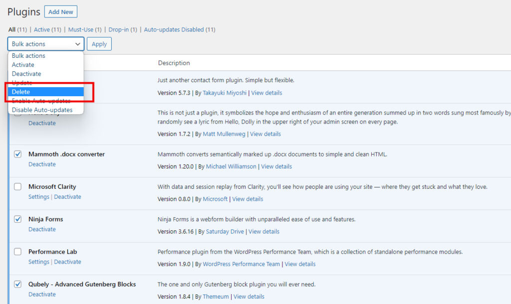 Das Dashboard zum Löschen von WordPress-Plugins
