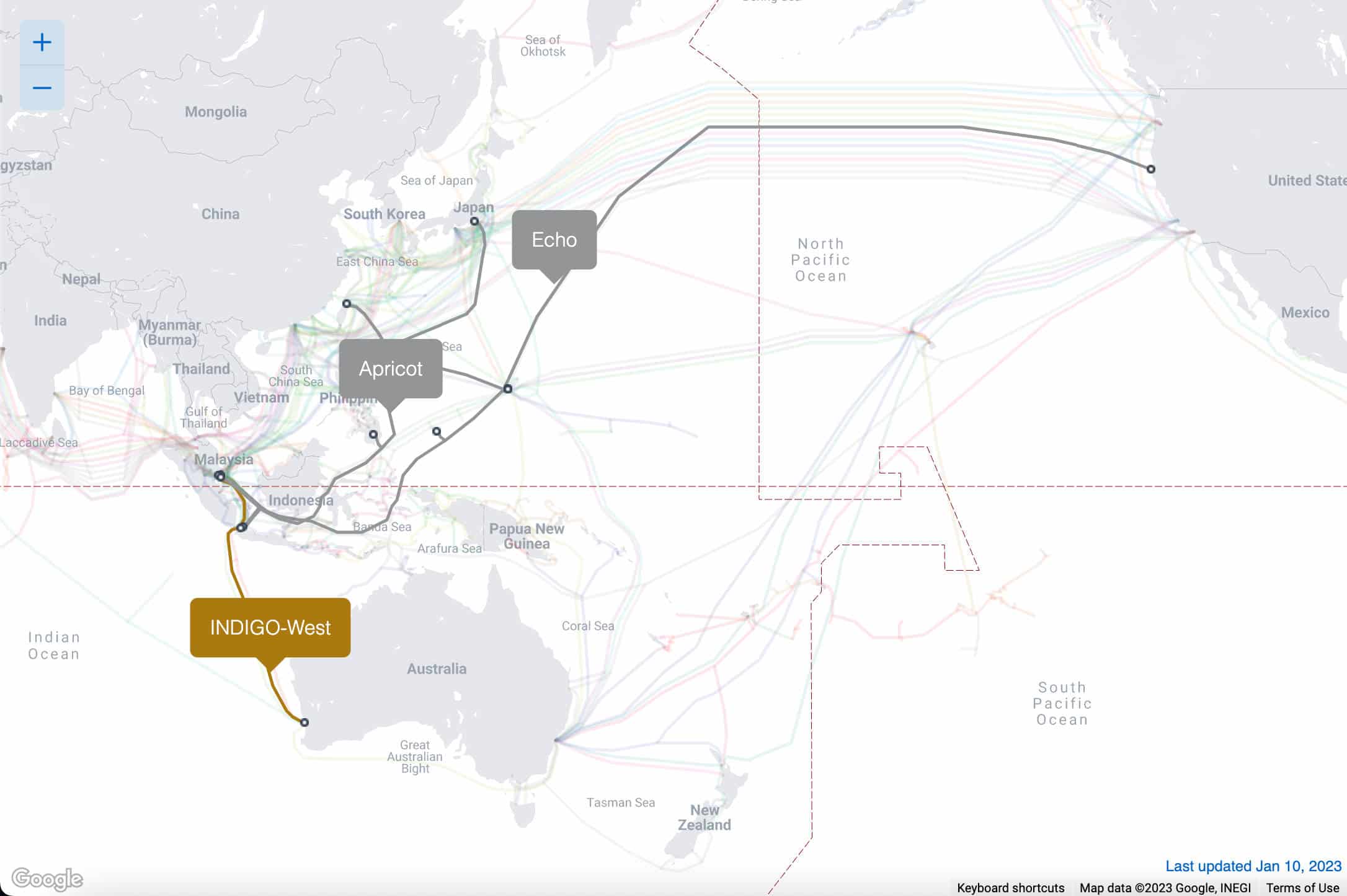 Une carte montrant les câbles sous-marins Indigo-West, Echo et Apricot