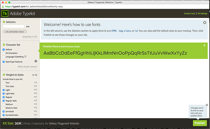 Adobe Typekit インターフェイスのスクリーンショット