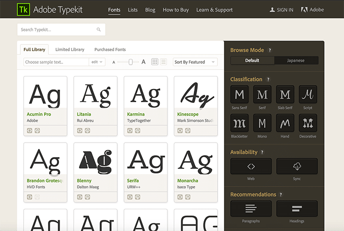 Adobe Typekit オプションのスクリーンショット