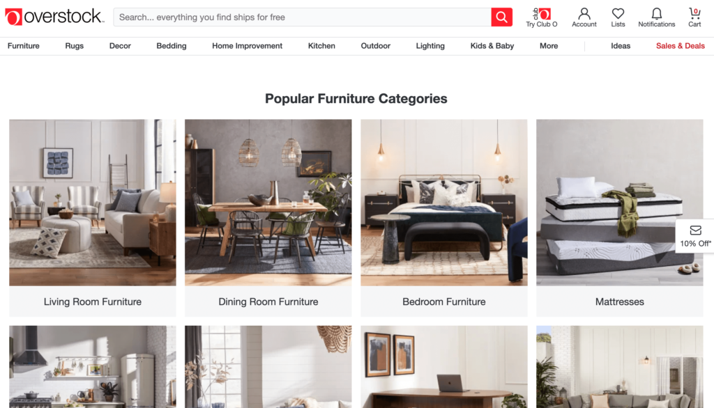 Overstock.com est une entreprise de dropshipping qui vend des meubles et d'autres aliments pour la maison