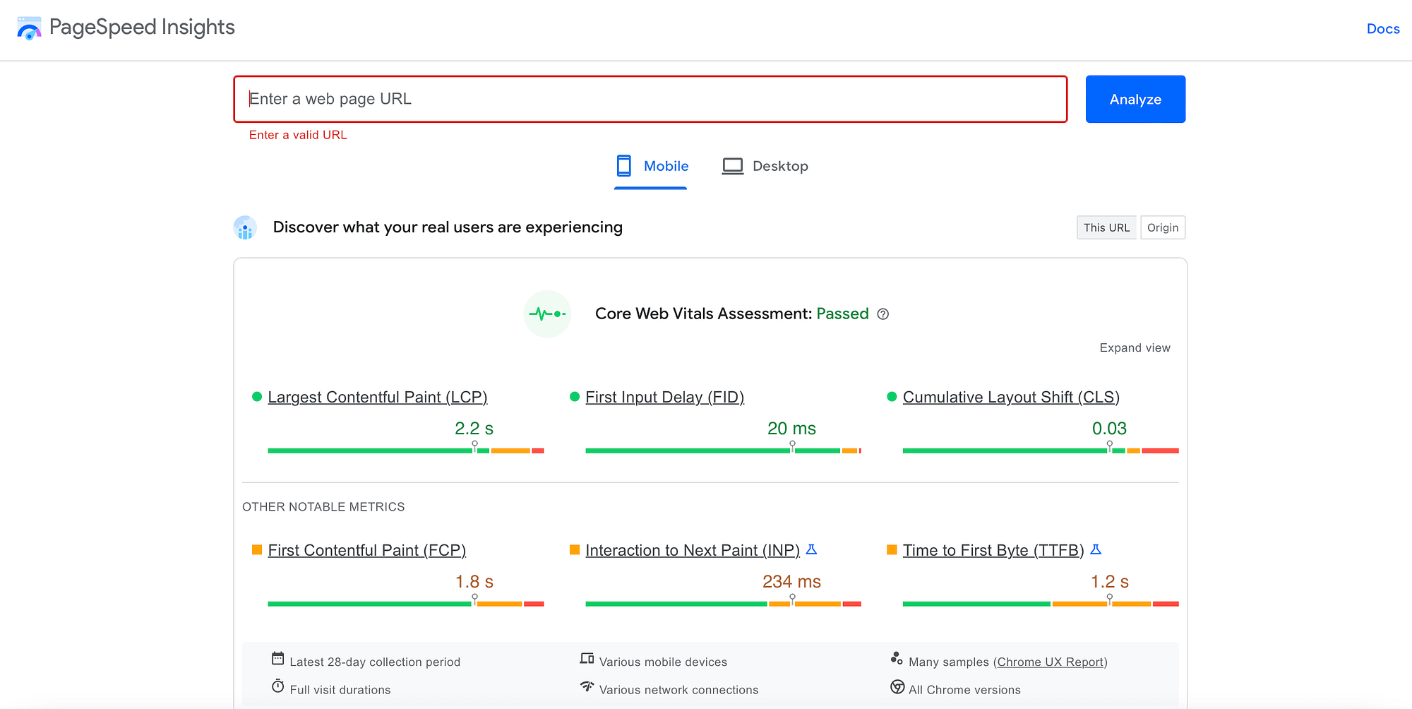 PageSpeed Insights pokazujące wyniki pierwszego malowania treści (FCP).