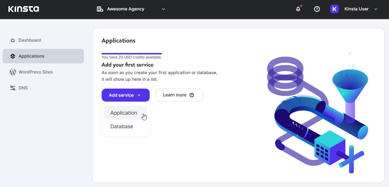 Scegli "Applicazione" sotto "Aggiungi servizio" in MyKinsta.