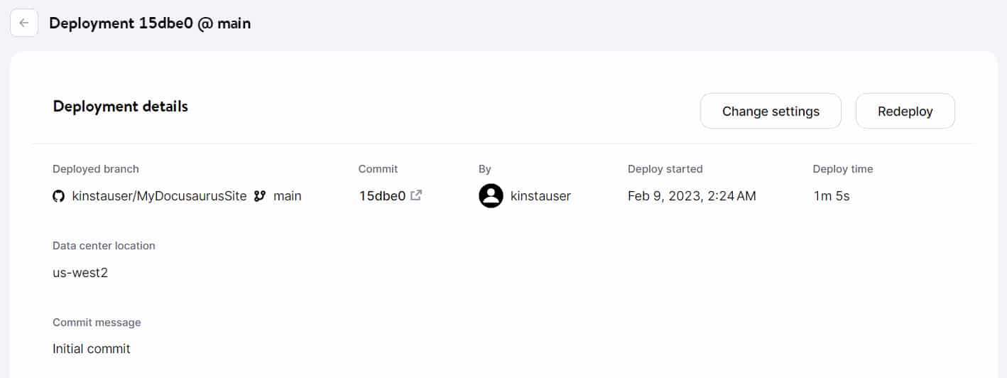 Distribuzione riuscita dell'applicazione tramite MyKinsta.
