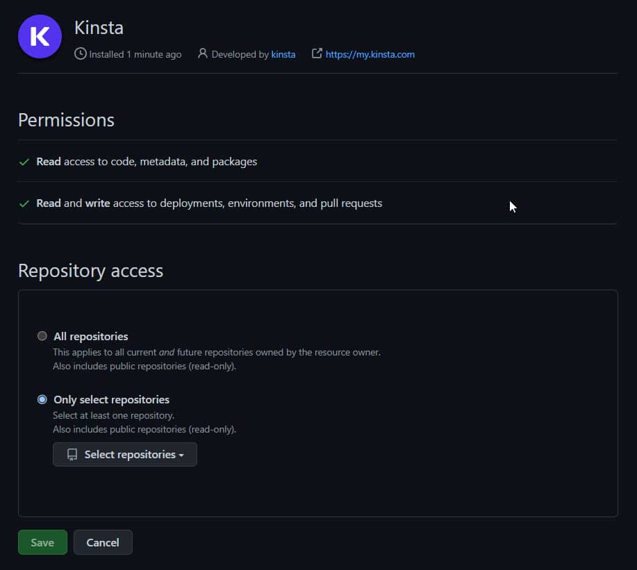 Scegliere quali autorizzazioni GitHub concedere a Kinsta.