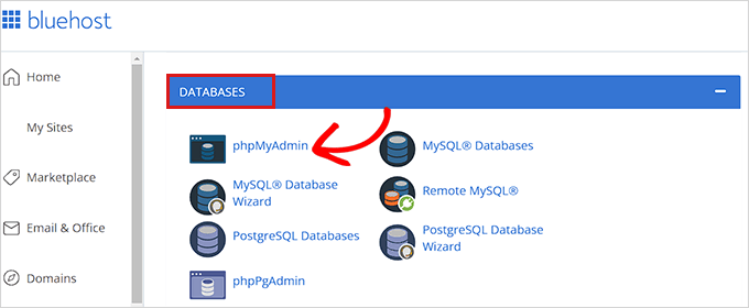クリック-phpmyadmin-オプション Click the phpMyAdmin option in the cPanel