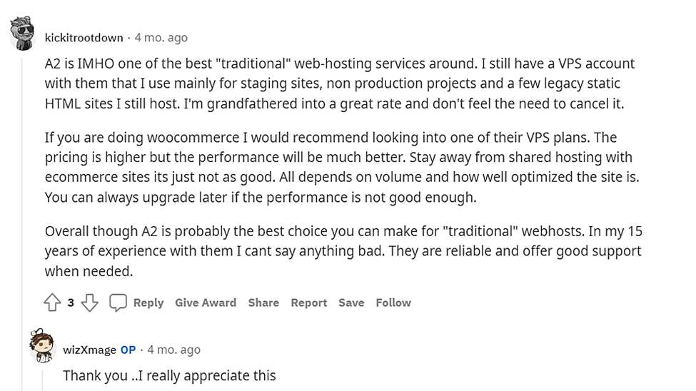 来自 Reddit 的 A2 托管意见