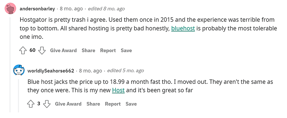 来自 Reddit 的 HostGator 意见