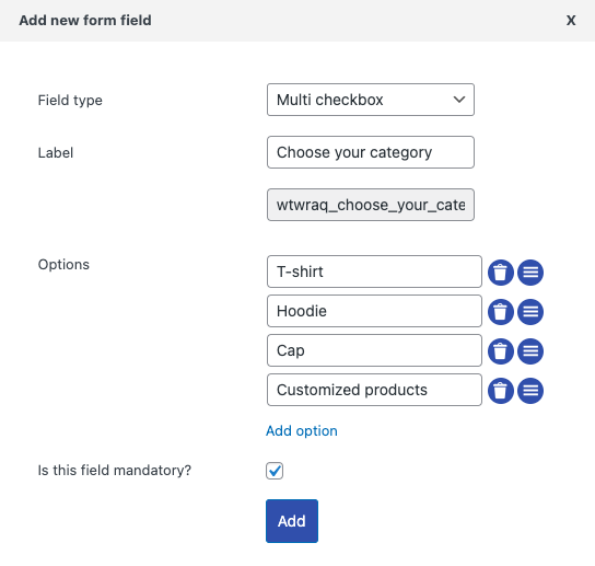 Caixa de seleção múltipla WooCommerce para formulário de cotação