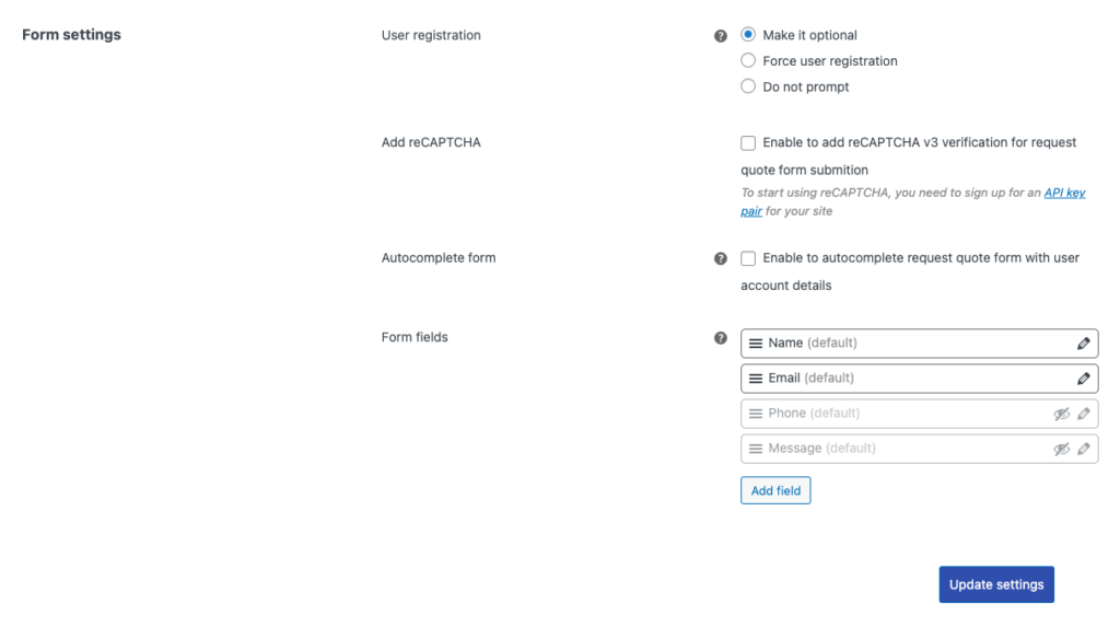WooCommerce-Angebotsformulareinstellungen