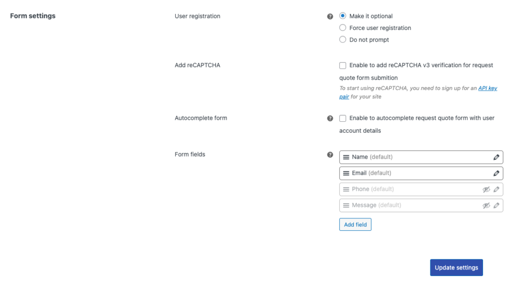 Configuración del formulario de cotización de WooCommerce