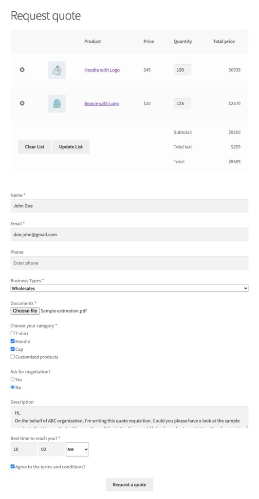 Beispiel für ein benutzerdefiniertes WooCommerce-Angebotsformular