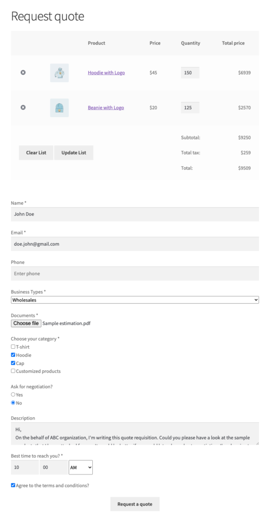 ejemplo para el formulario de cotización personalizado de WooCommerce