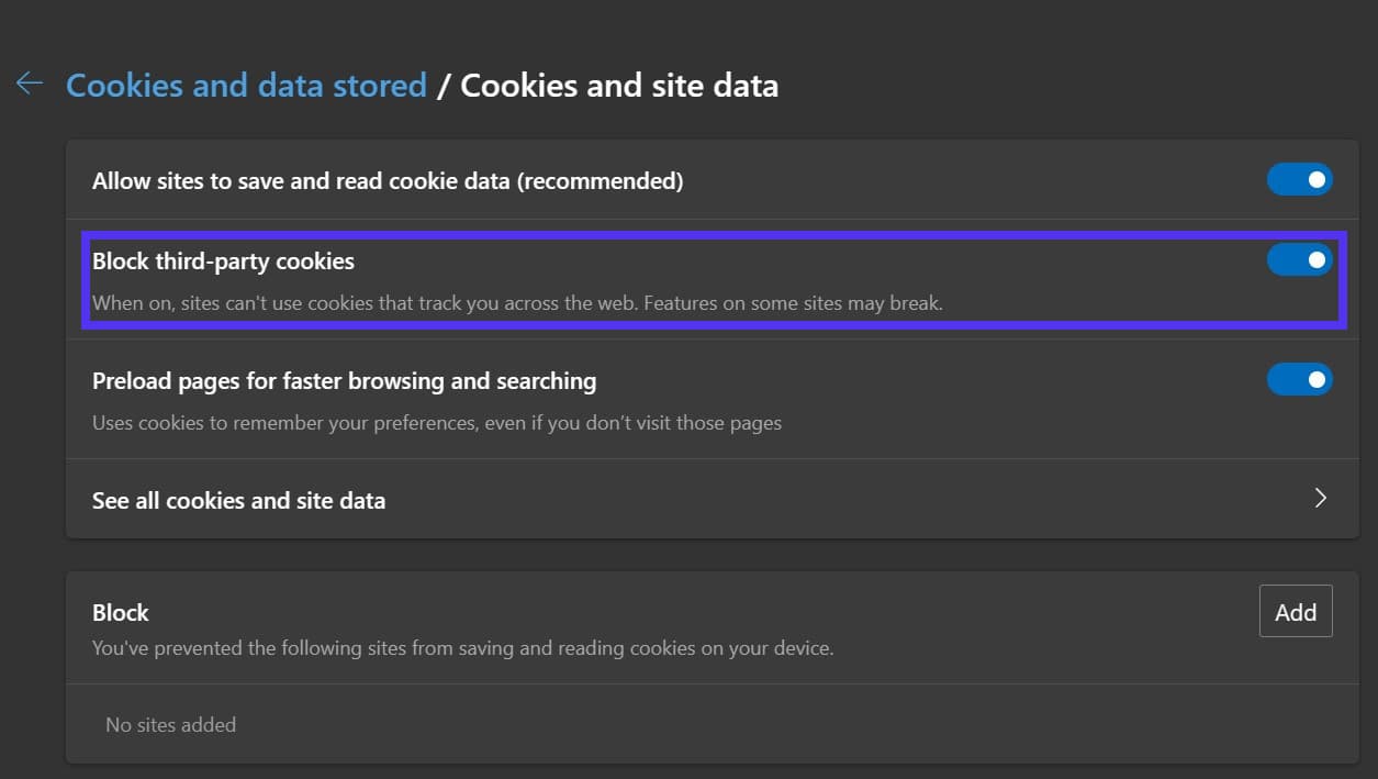 Как заблокировать сторонние файлы cookie в Microsoft Edge