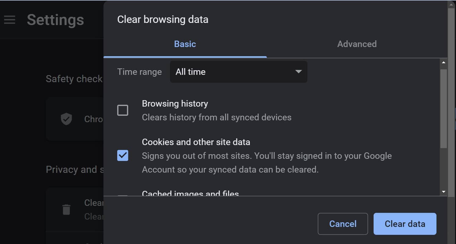 Очистка файлов cookie и других данных сайта в Google Chrome