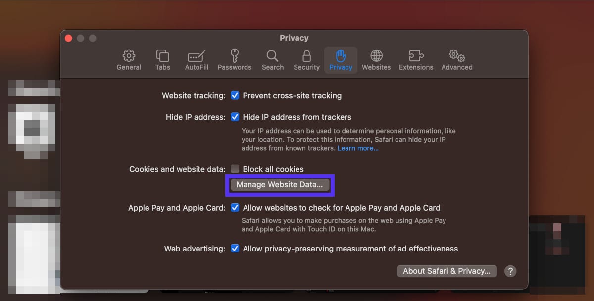 Управление файлами cookie в браузере Safari