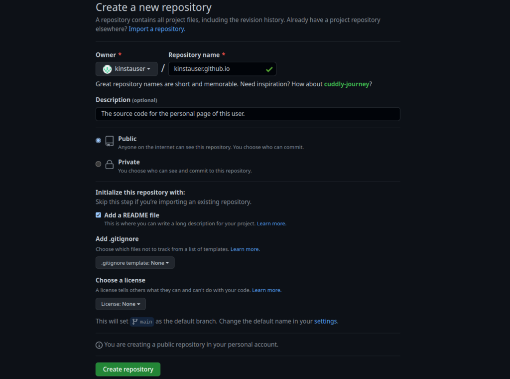 สร้างฟอร์มที่เก็บใหม่ที่มีชื่อที่เก็บพร้อมค่า “kinstauser.github.io”