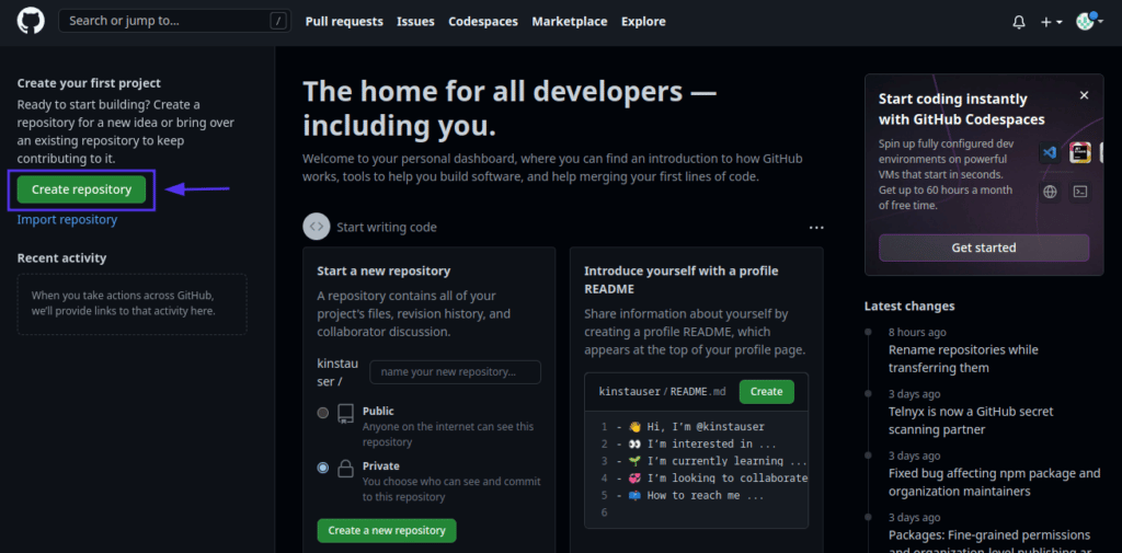 หน้าแรกของ GitHub แสดงแผงด้านซ้ายพร้อมคำว่า "สร้างโครงการแรกของคุณ" และลูกศรชี้ไปที่ปุ่ม "สร้างพื้นที่เก็บข้อมูล"