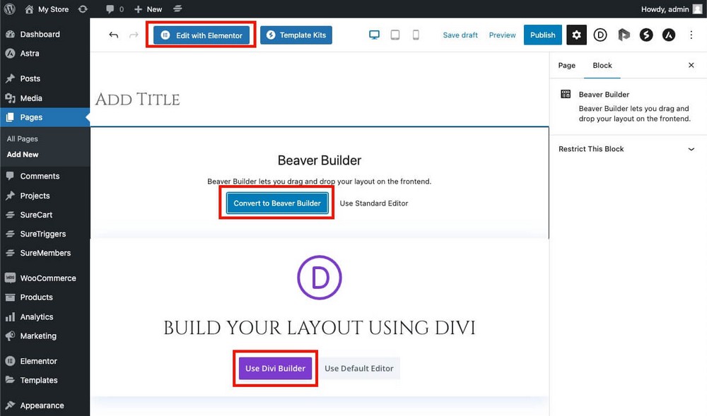 同时使用 Elementor Divi 和 Beaver Builder