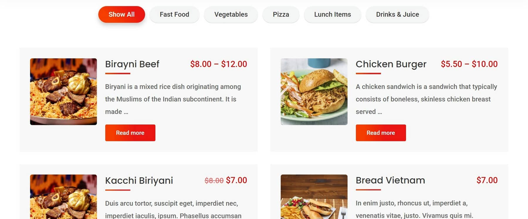 Exemplu de meniu alimentar de filtru de categorie Ajax