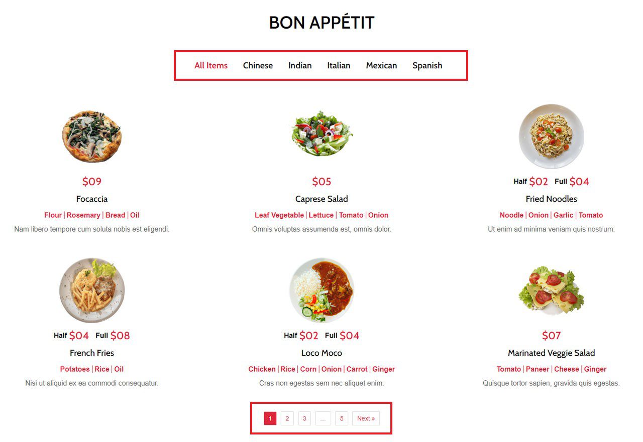 Meniul Divi Restro Categorii filtrabile