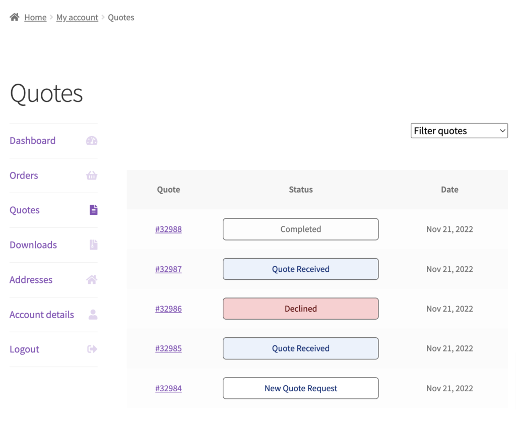 rastreador de status de cotação woocommerce