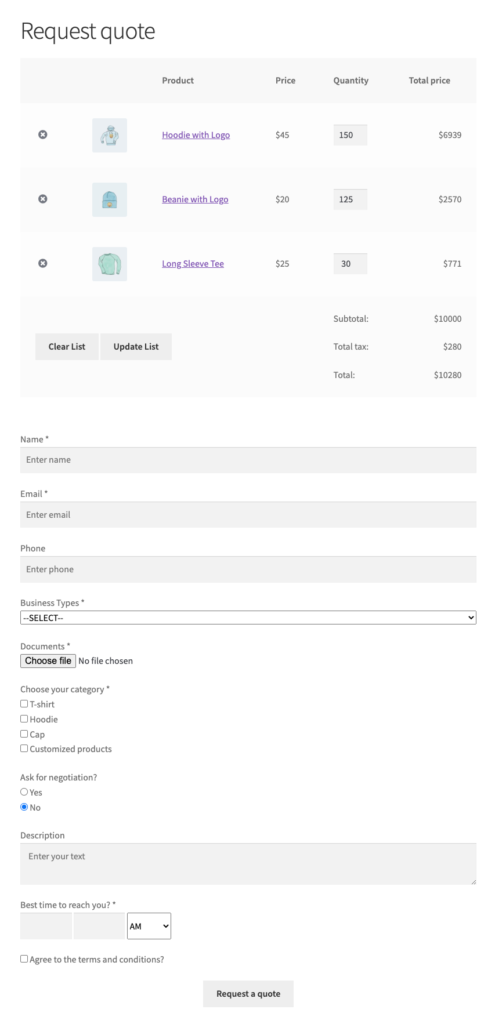 page de formulaire de demande de devis woocommerce