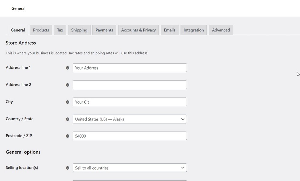 Область настройки Woocommerce