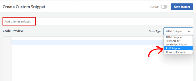 kod türü olarak php'yi seçin Type a name for your code snippet and choose PHP as code type