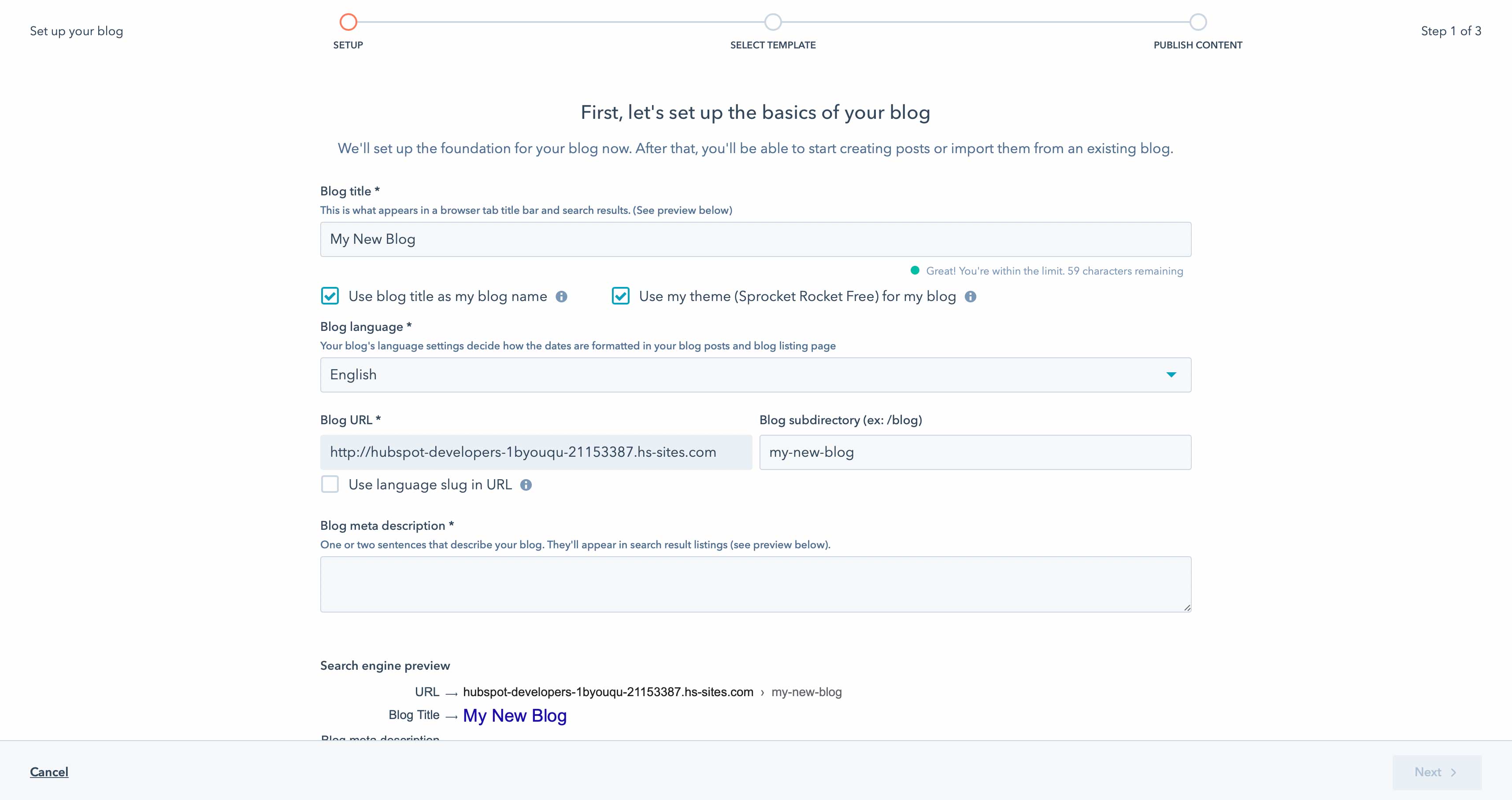 HubSpot blog kurulum sihirbazı