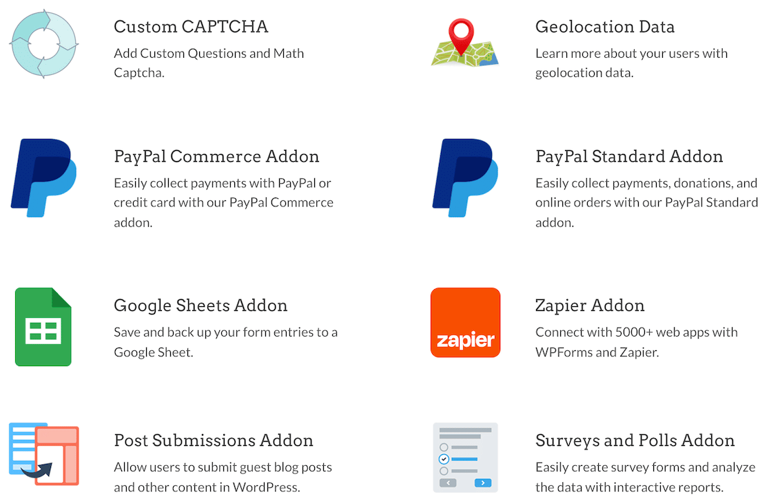 Some of the possible integrations on WPForms