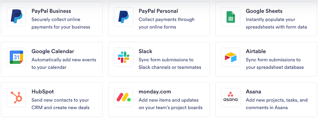 A few of Jotform's possible integrations