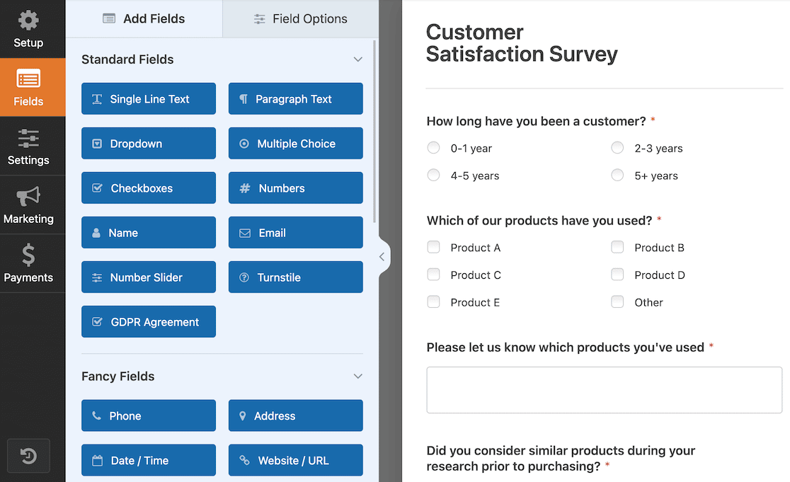 The WPForms form builder