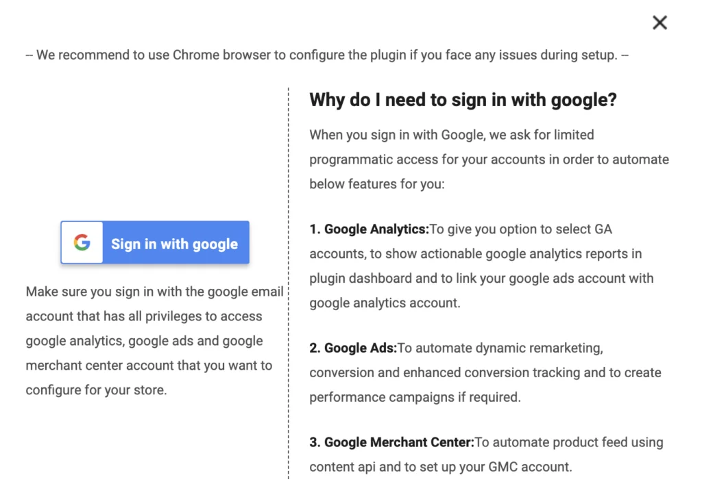 conversios - anmelden mit google