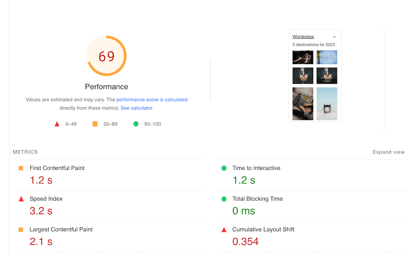 Core Web Vitals sin Imagify - Fuente: PSI
