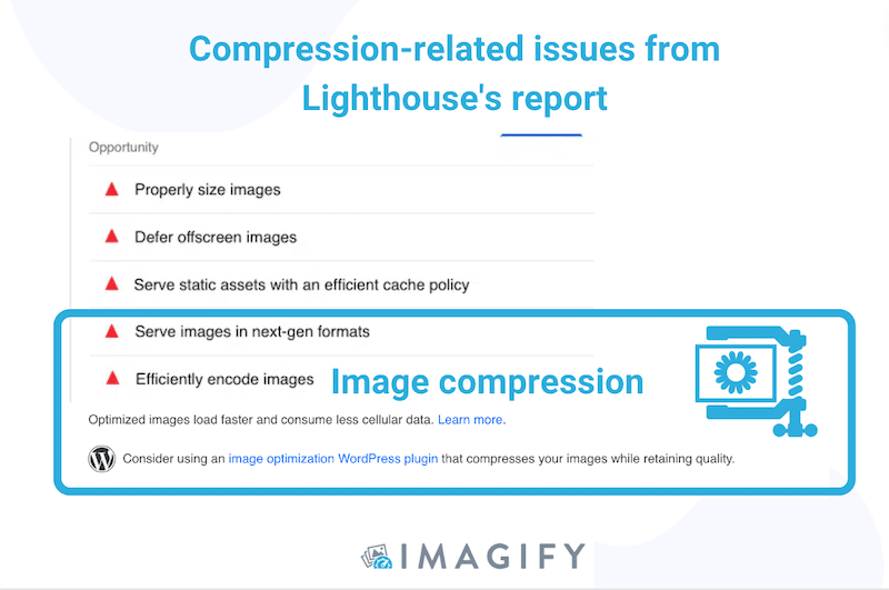 Dos oportunidades de PSI sobre la compresión de imágenes: servir imágenes en formatos de próxima generación y codificar imágenes de manera eficiente - Fuente: Imagify