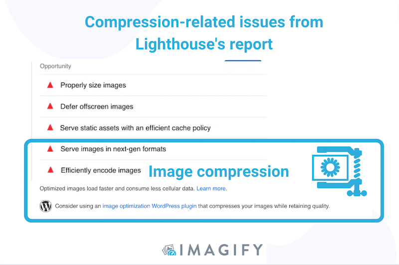 Duas oportunidades PSI sobre compactação de imagens: veicular imagens em formatos de última geração e codificar imagens com eficiência - Fonte: Imagify