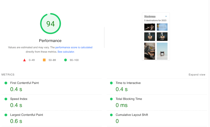 Core Web Vitals mejorado con Imagify e imágenes optimizadas - Fuente: PSI