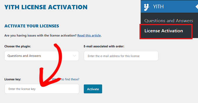 Aktifkan plugin YITH Anda dengan kunci lisensi Activate your YITH plugin with the license key