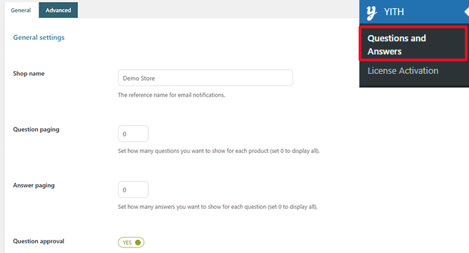 Pengaturan Pertanyaan dan Jawaban YITH YITH Quiestions and Answers settings
