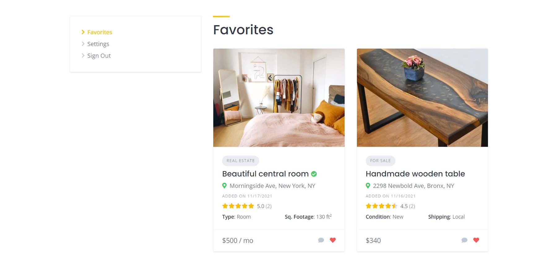 Bildschirm des Frontend-Favoriten