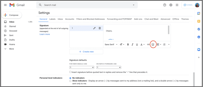Un cerc roșu în jurul opțiunii Inserare imagine a setării Semnătura Gmail
