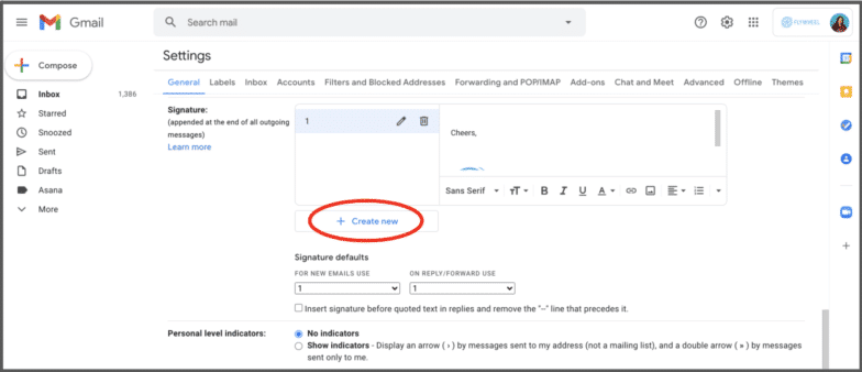 în Setările generale ale unei căsuțe de e-mail Gmail din secțiunea Semnătură. un cerc roșu în jurul opțiunii Creare nou